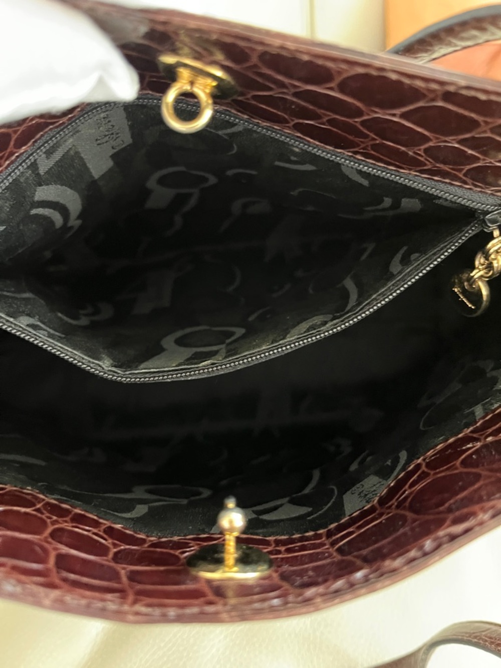 Ferragamo Luxury Brown Suede & Croc-print Leather Trim Tote Bag - Picture 5 of 9